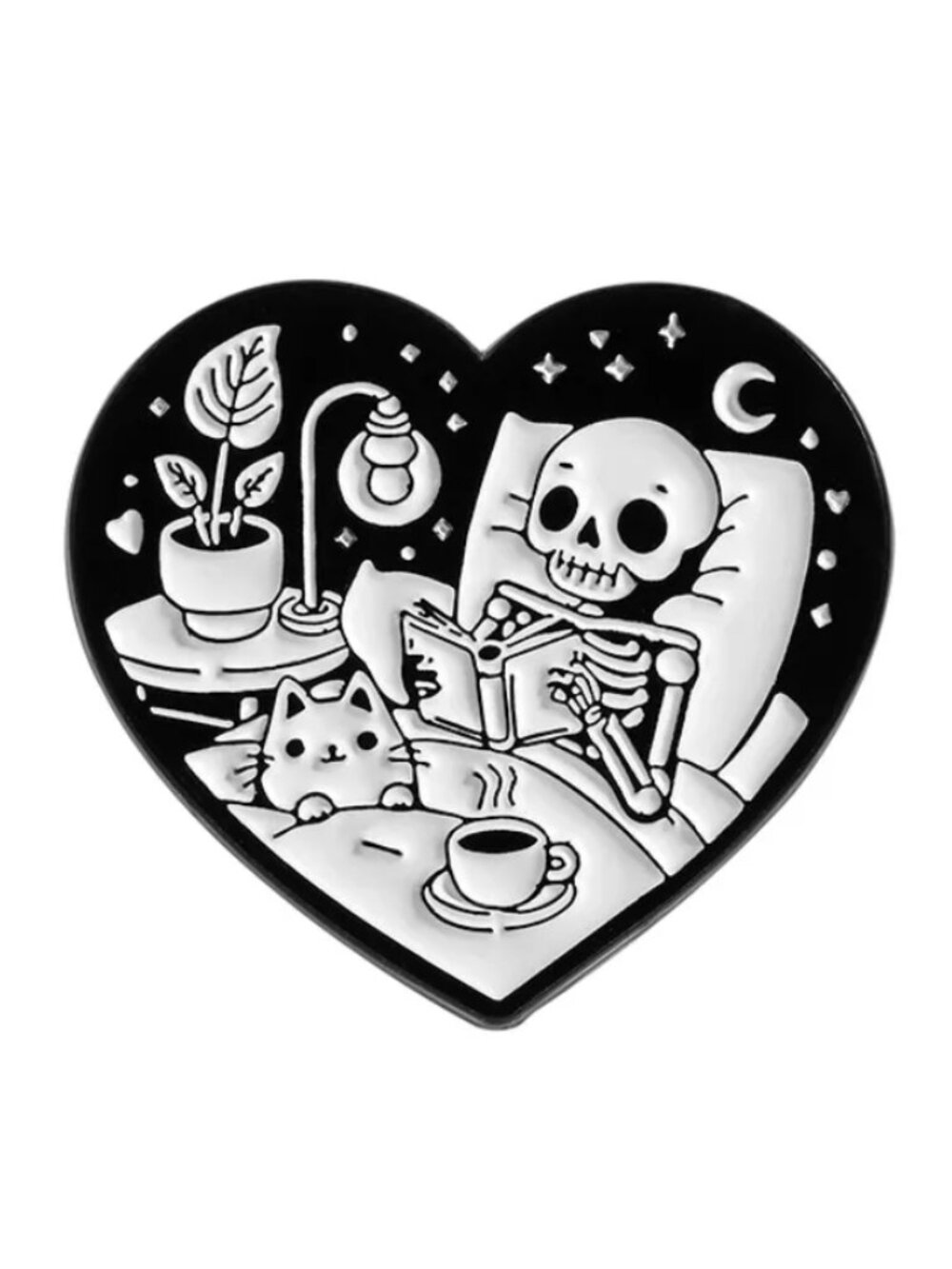 Cozy Skeleton Reading Enamel Pin – Gothic Heart-Shaped Book Lover Pin